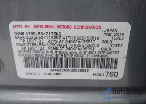 2016 Mitsubishi Outlander Es z USA, uszkodzony, nr VIN JA4AZ3A3XGZ038095